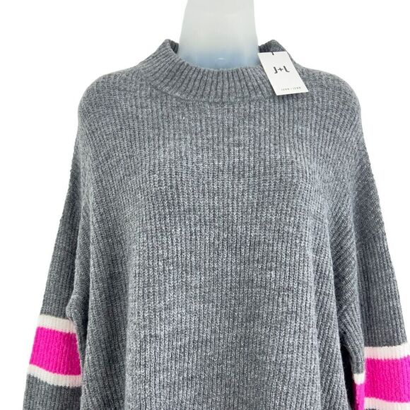 John & Jenn Varsity Stripe Gray Pink Mock Neck Pullover Sweater Top Medium NEW - Picture 3 of 13